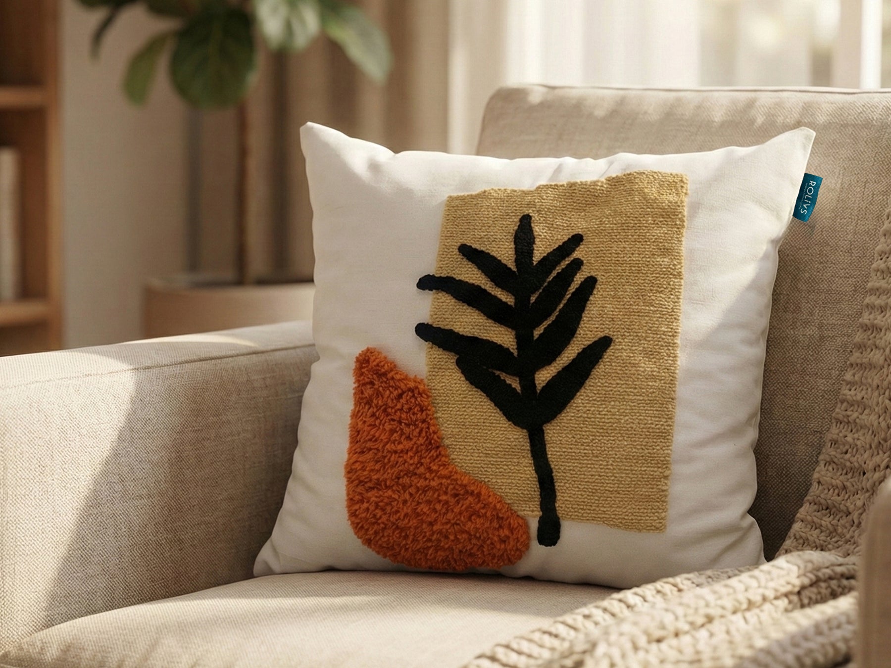 Rolivs Sessiz Yaprak Kırlent 47x47 cm | Bohem Dokulu Dekoratif Yastık NK1590