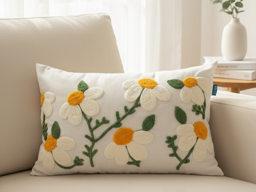 Rolivs Papatya Kırlent Kılıfı 30x50 cm | Çiçek Desenli Yastık Kılıfı