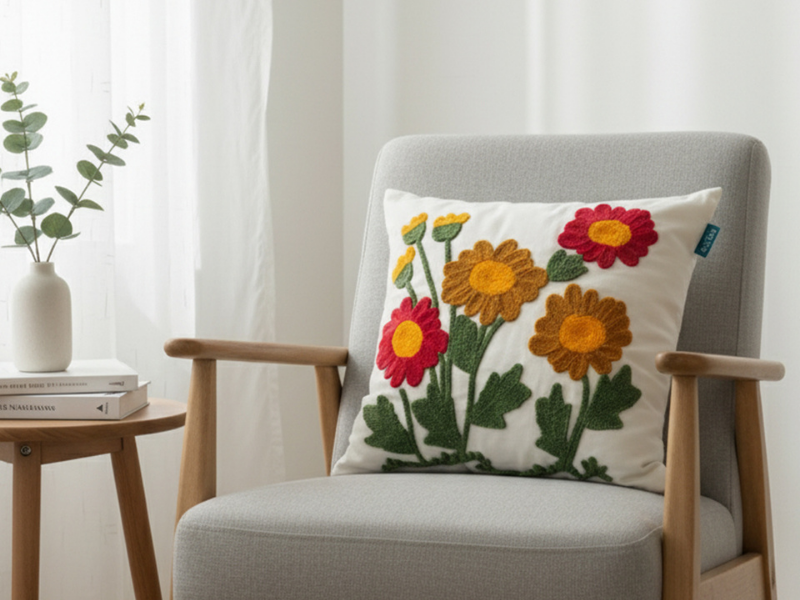 Rolivs Arelia Çiçek Bahçesi Kırlent 47x47 cm | Nakış Detaylı Punch Dekoratif Yastık