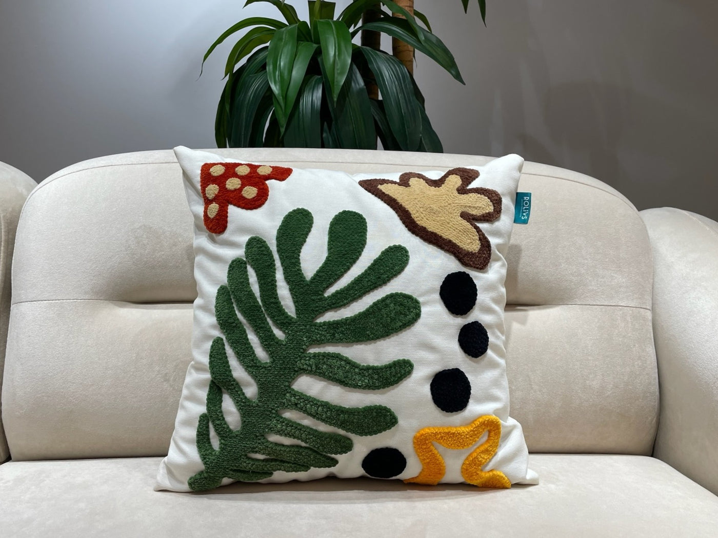 Rolivs Amazonite Kırlent 47x47 cm | Tropikal Yaprak Punch Dekoratif Yastık NK1100