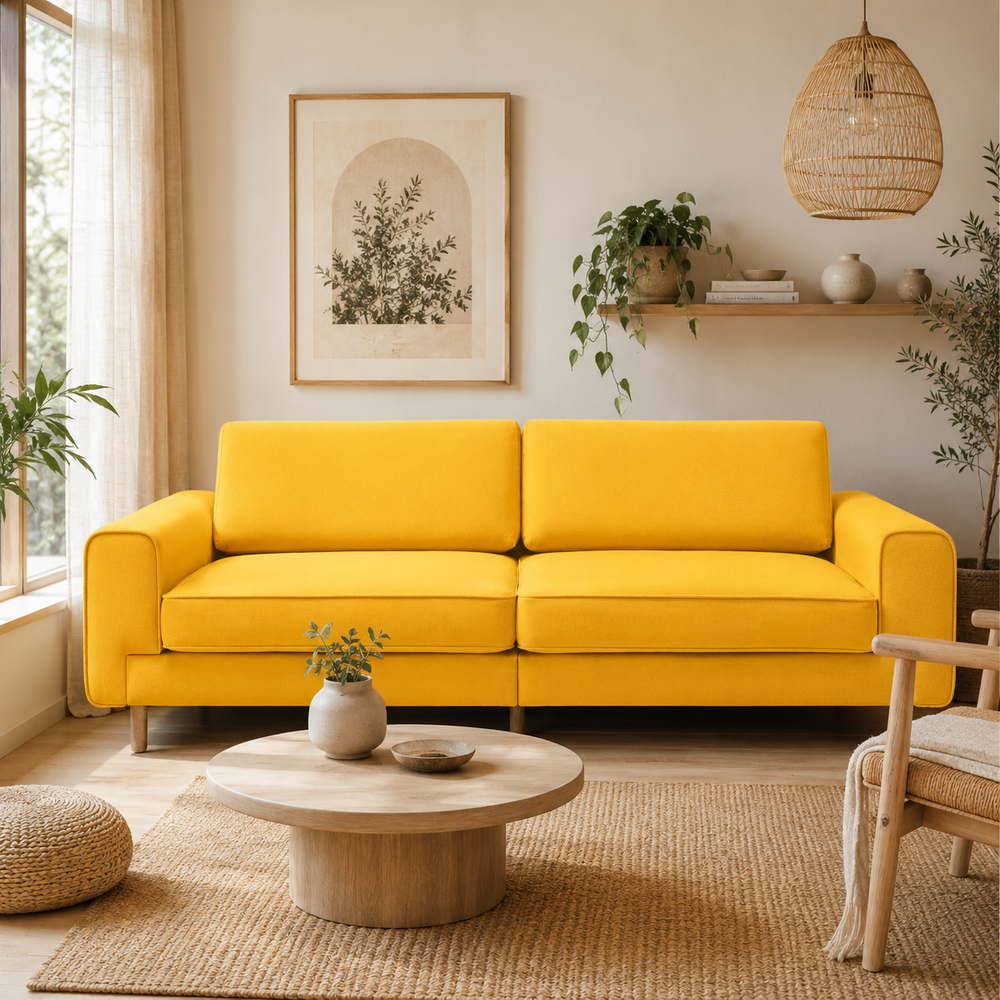 Rolivs Mokka Üçlü Koltuk – Kadife – Zerdeçal | Canlı, Modern ve Konforlu
